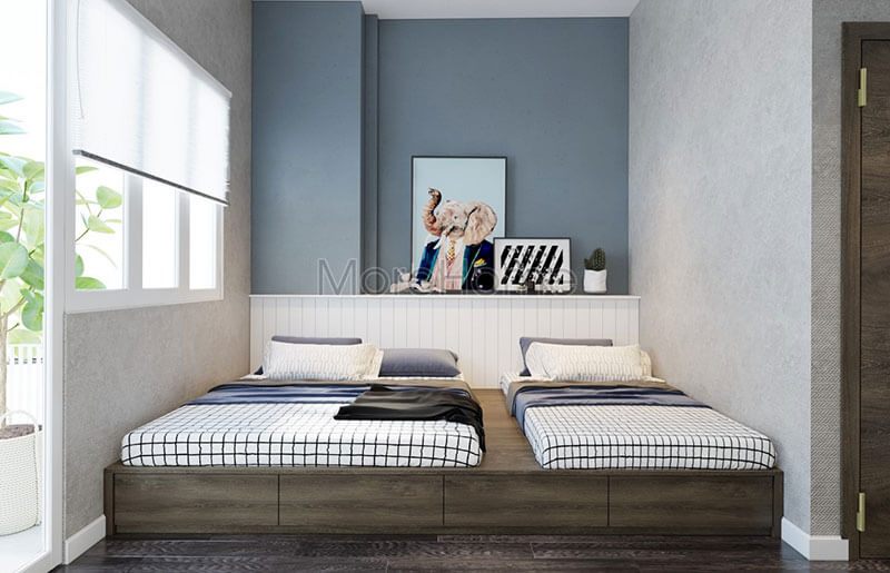 Nội thất phòng ngủ nhỏ hiện đại với mẫu giường đôi gỗ đơn giản tạo cảm giác phân chia được không gian rộng rãi hơn