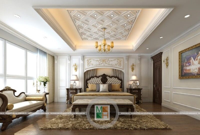 Mẫu thiết kế nội thất phòng ngủ sang trọng kết hợp đồ nội thất gỗ tự nhiên màu trầm mang đến cảm giác như một căn phòng ngủ hoàng gia đầy đẳng cấp