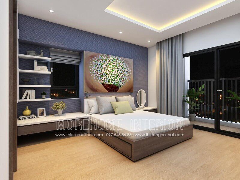 Phòng ngủ tối giản với chiếc giường ngủ đẹp tích hợp ngăn kéo ở phía dưới giúp tận dụng không gian, mang đến vẻ đẹp độc đáo