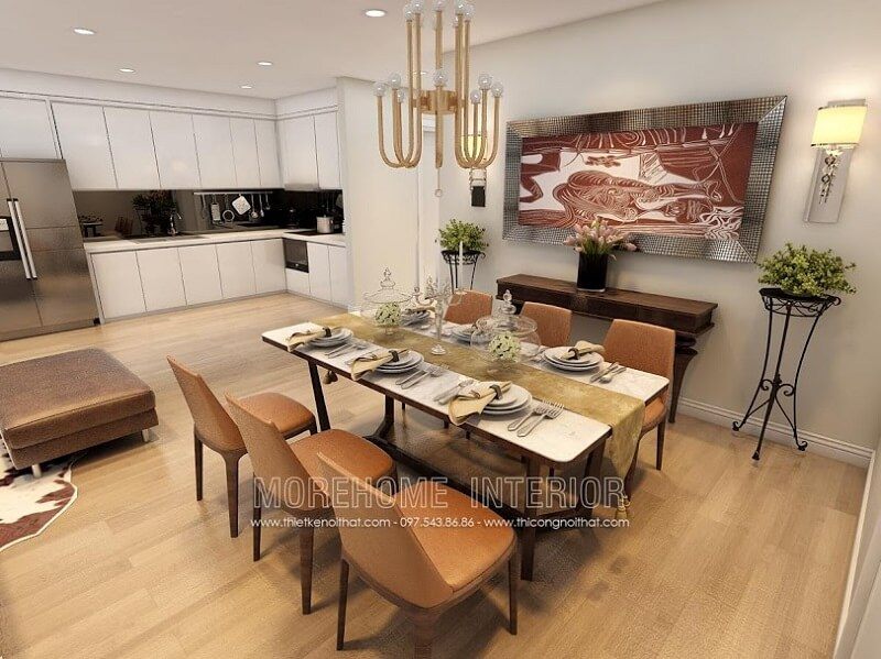 Bộ bàn ăn cao cấp với bàn ăn sử dụng gỗ acrylic kết hợp ghế gỗ tự nhiên bọc da màu cam nổi bật tạo điểm nhấn nổi bật cho căn phòng