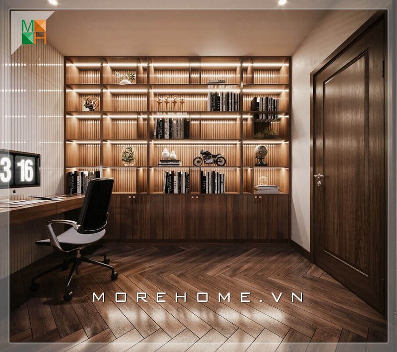 Kệ tủ sách từ gỗ công nghiệp, kết hợp lát sàn và bàn làm việc gỗ công nghiệp An Cường cao cấp, mang lại vẻ đẹp đẳng cấp, sang trọng cho không gian phòng làm việc