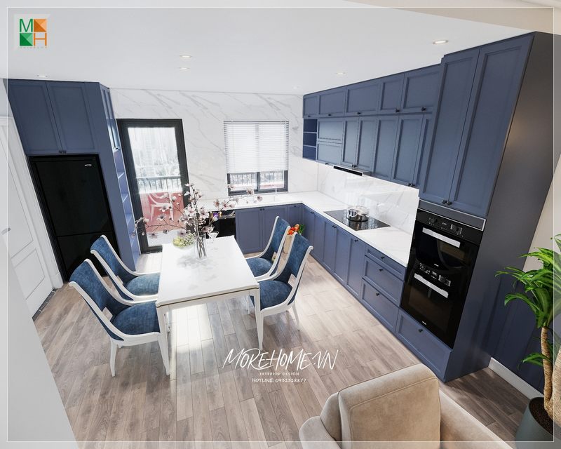 Hệ tủ bếp chữ I bằng gỗ công nghiệp chống ẩm sơn xanh kết hợp mặt đá nhân tạo phong cách hiện đại cho chung cư, nhà phố, biệt thự